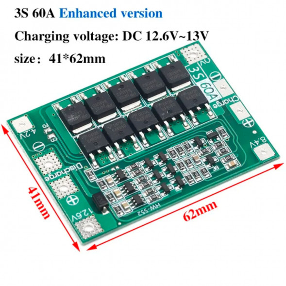 Плата защиты аккумулятора BMS 3S 60A 12.6 для Li-ion в Саранске
